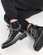 Truffle Collection Faux-leather Chain Trim Chunky Hiker Boots In Black