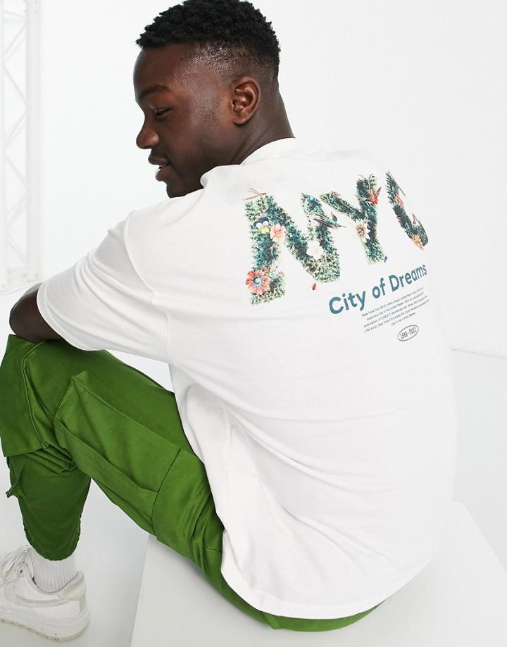 Asos Design Oversized T-shirt In White With Nyc Floral Back Print