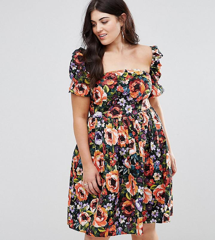 Club L Plus Dark Base Floral Print Summer Dress With Special Sleeves - Multi