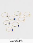 Asos Design Curve Pack Of 8 Rings With Engraved Coin Details And Blue Stones In Gold Tone - Gold