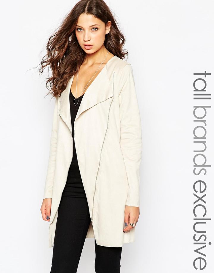 Noisy May Tall Suedette Longline Waterfall Jacket - Oatmeal