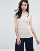 Ganni Hall Pleat 3/4 Sleeve Mock Neck Top - Cream