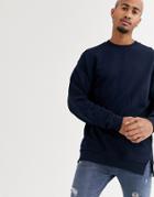 Asos Design Longline Oversized Sweatshirt In Navy With Split Hem