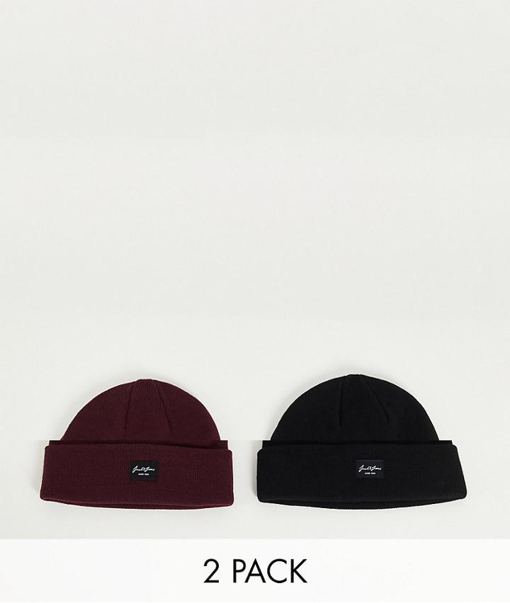 Jack & Jones 2 Pack Beanies In Black & Burgundy-multi