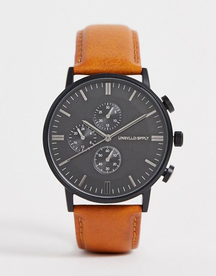 Asos Design Watch With Sub Dial Detail In Brown - Brown