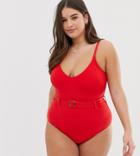 New Look Curve Belted Swimsuit In Red Pattern - Red
