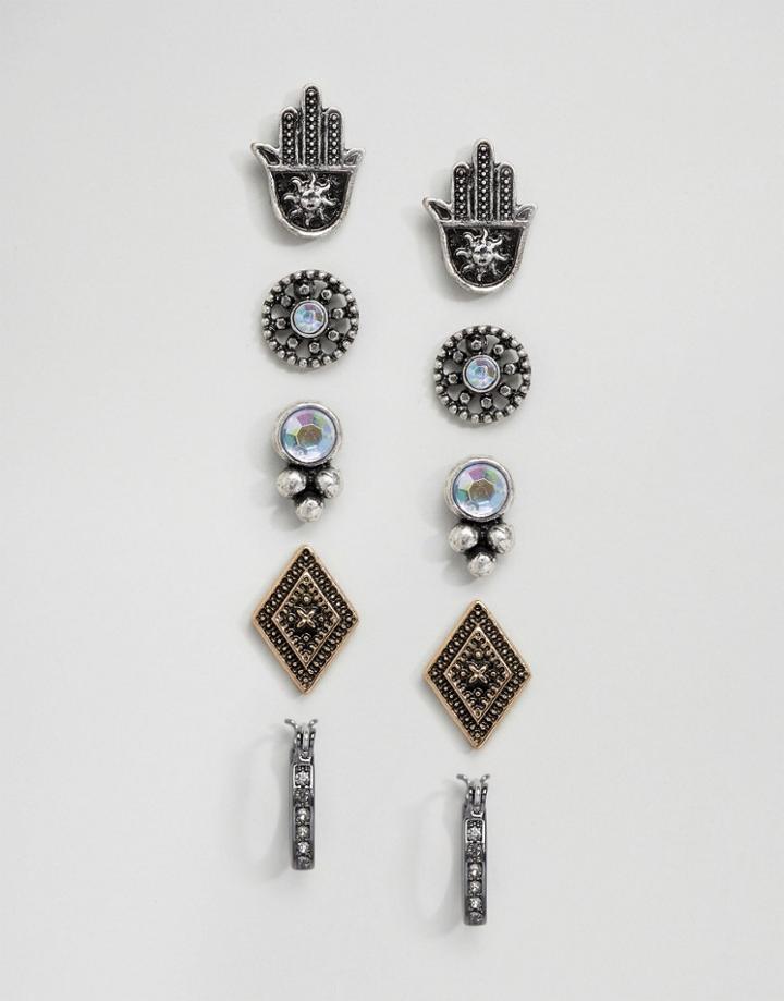 Asos Pack Of 5 Hamsa Stud & Hoop Earrings - Multi