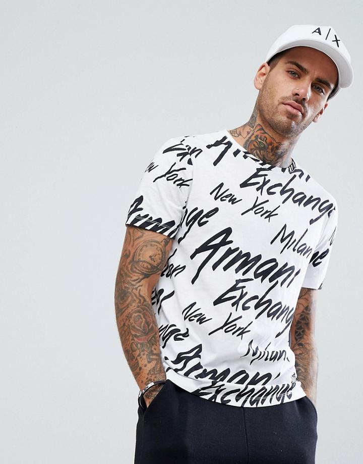 Armani Exchange All Over Script Logo T-shirt In White - White