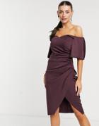 Asos Design Sweetheart Neck Wrap Tuck Off-the-shoulder Midi Dress In Plum-purple