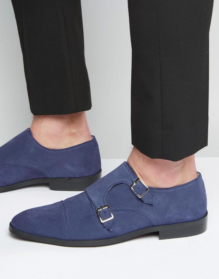 Asos Monk Shoes In Blue Suede With Toe Cap - Blue