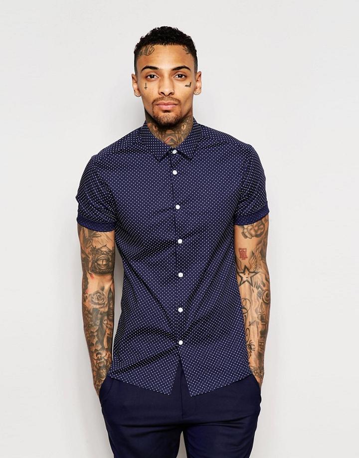 Asos Skinny Shirt In Navy Polka Dot With Short Sleeves - Navy