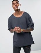 Asos Oversized Longline T-shirt In Washed Black With Scoop Neck - Black