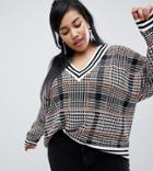 Asos Design Curve Checked V Neck Sweater With Tipping - Multi