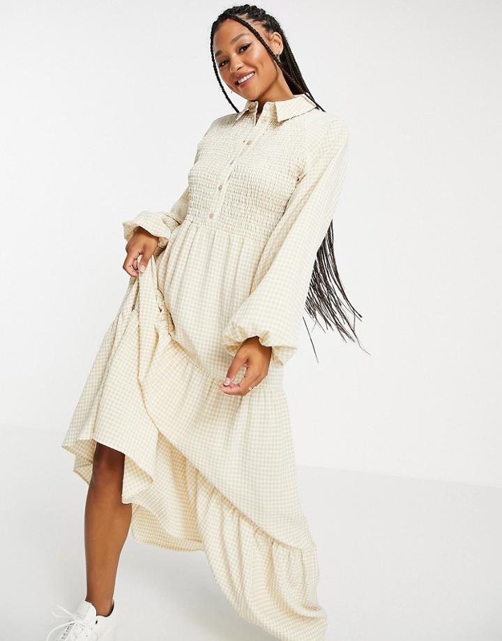 Asos Design Shirred Tiered Maxi Shirt Dress In Textured Gingham-multi