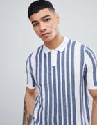 Asos Design Knitted Muscle Fit Polo With Vertical Stripe In Blue And White - White