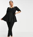 Yours Notch Neck Glitter Peplum Top In Black