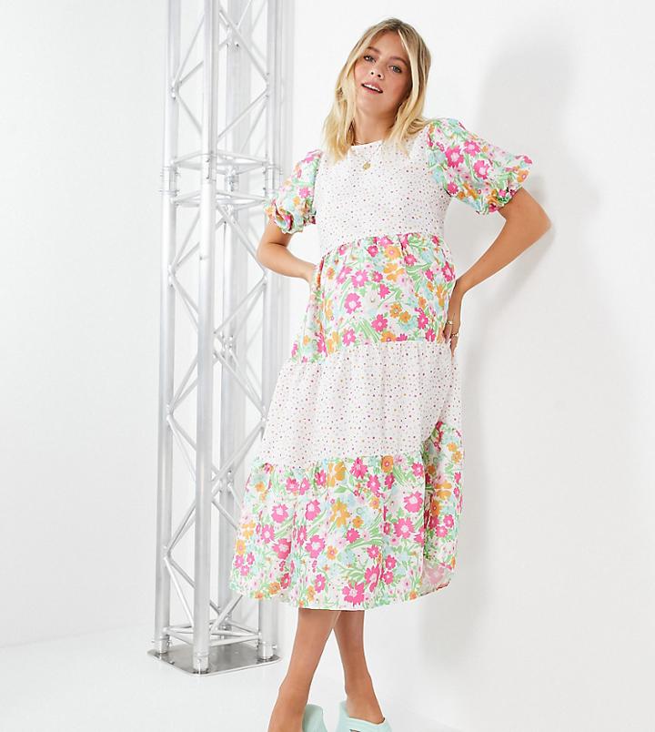 Twisted Wunder Maternity Midi Smock Dress In Mixed Patchwork Floral-multi