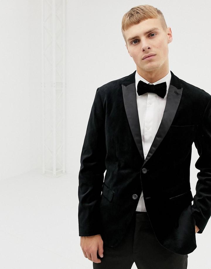 Selected Homme Velvet Tuxedo Jacket In Slim Fit - Black