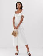 Asos Design Square Neck Jumpsuit With Tie Sleeve - White