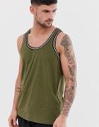 Asos Design Standard Tank With Tipping In Khaki-green