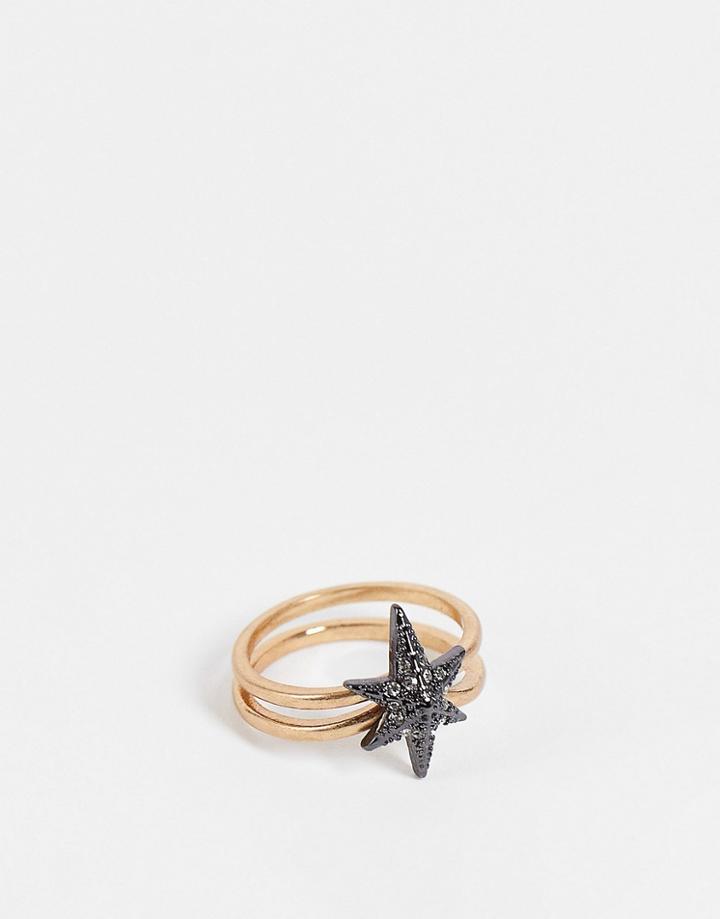 Allsaints Black Diamante Star Ring In Gold
