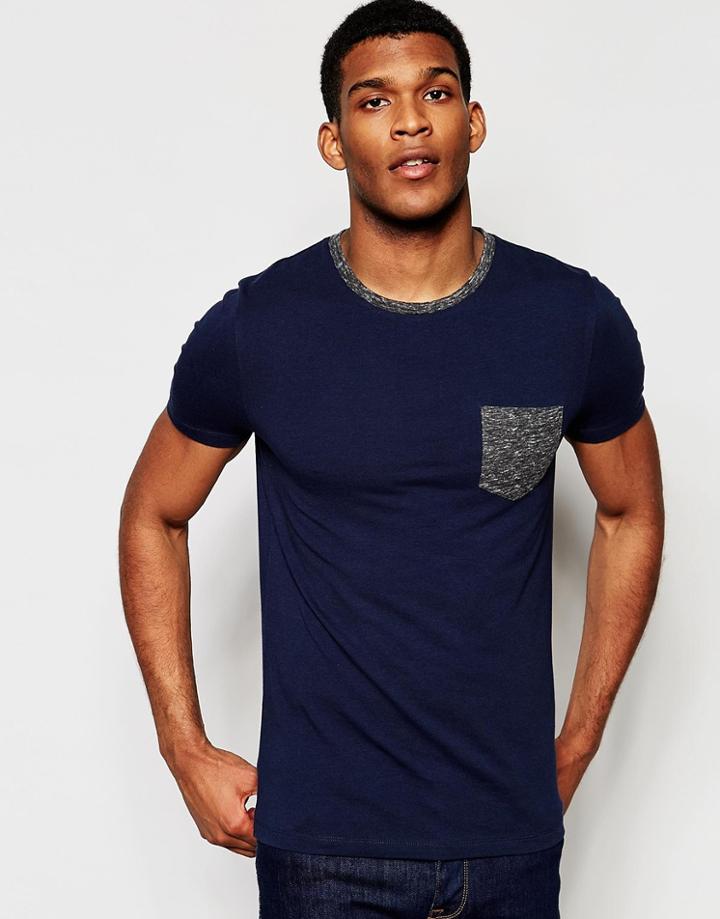 Asos Muscle T-shirt With Contrast Ringer And Pocket In Navy - Navy