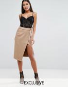 Naanaa Suedette Wrap Pencil Skirt With Tie Detail - Brown