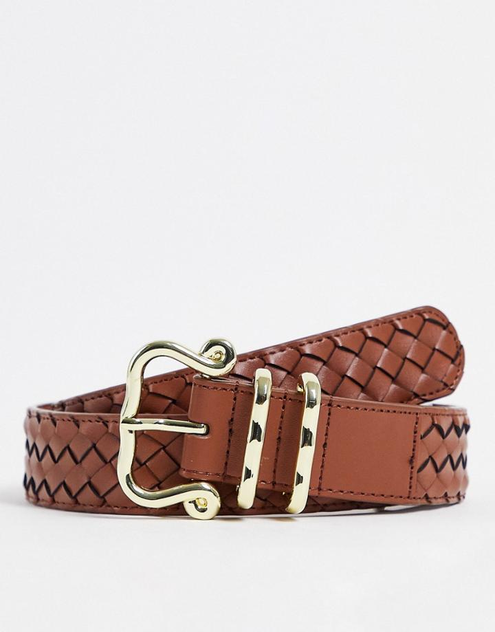 Asos Design Leather Belt In Dark Brown Weave