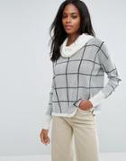 H.one Grid Check Chunky Roll Neck Wool Blend Sweater - White