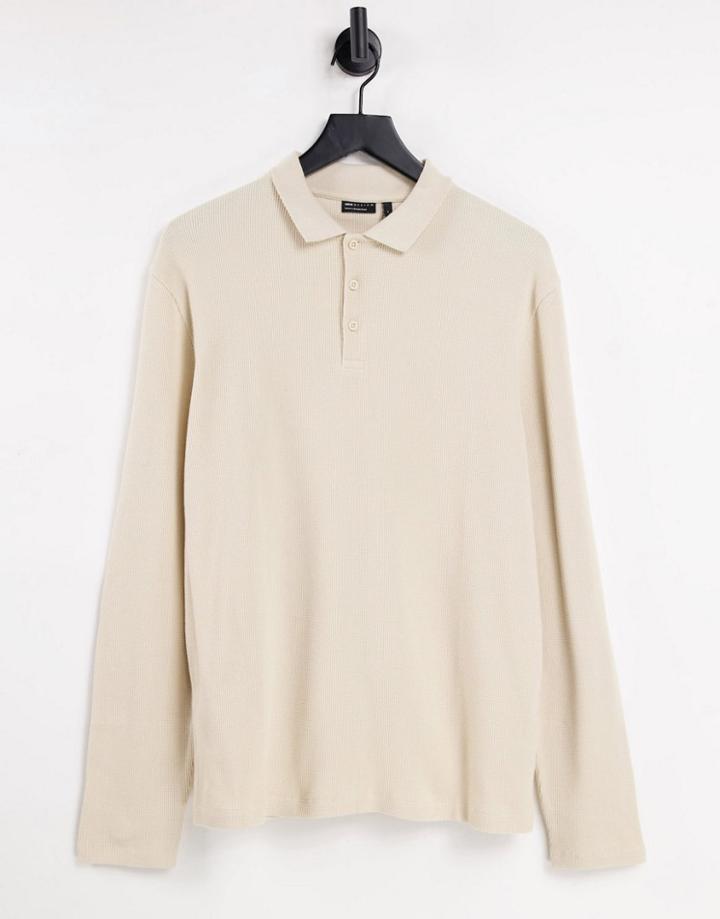 Asos Design Long Sleeve Waffle Polo In Beige-neutral