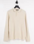 Asos Design Long Sleeve Waffle Polo In Beige-neutral