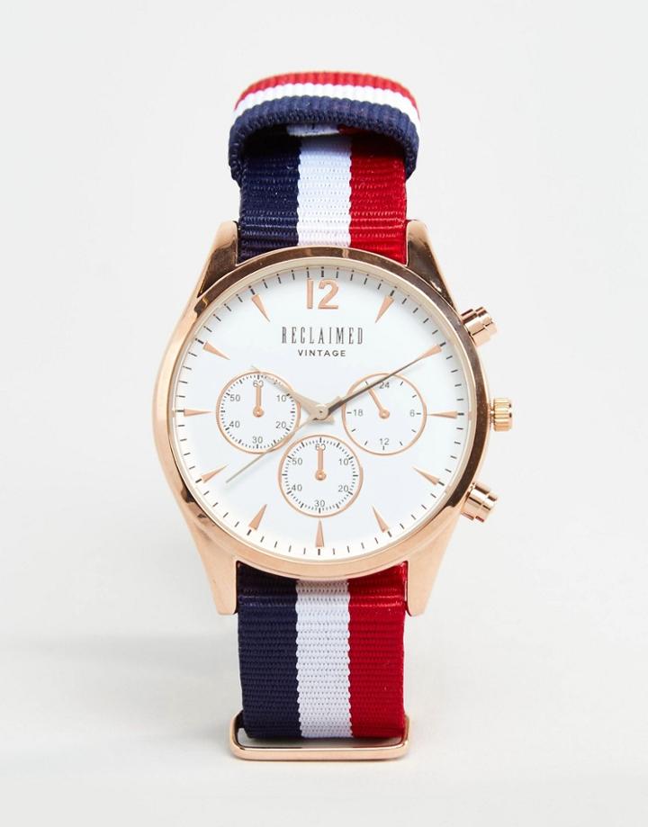 Reclaimed Vintage Multistripe Canvas Chronograph Watch With White Dial - Multi