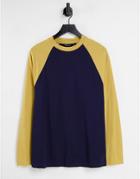 Asos Design Long Sleeve T-shirt In Navy With Mustard Sleeves
