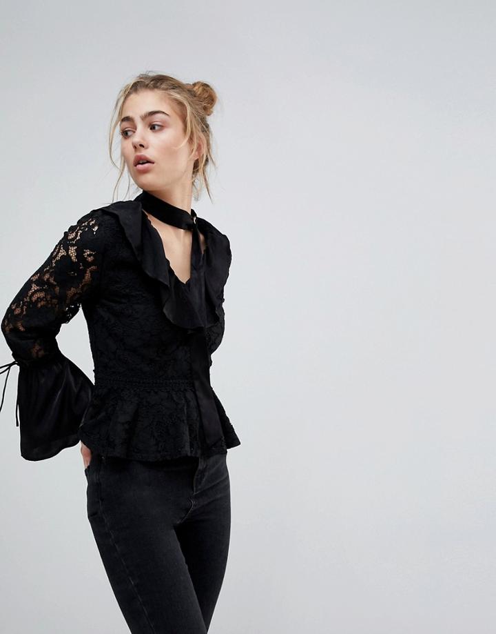 Moon River Ruffle Lace Blouse - Black