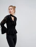 Moon River Ruffle Lace Blouse - Black