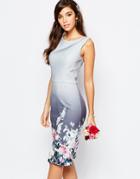 Chi Chi London Midi Pencil Dress In Sateen In Floral Print - Multi Gray Floral Pr