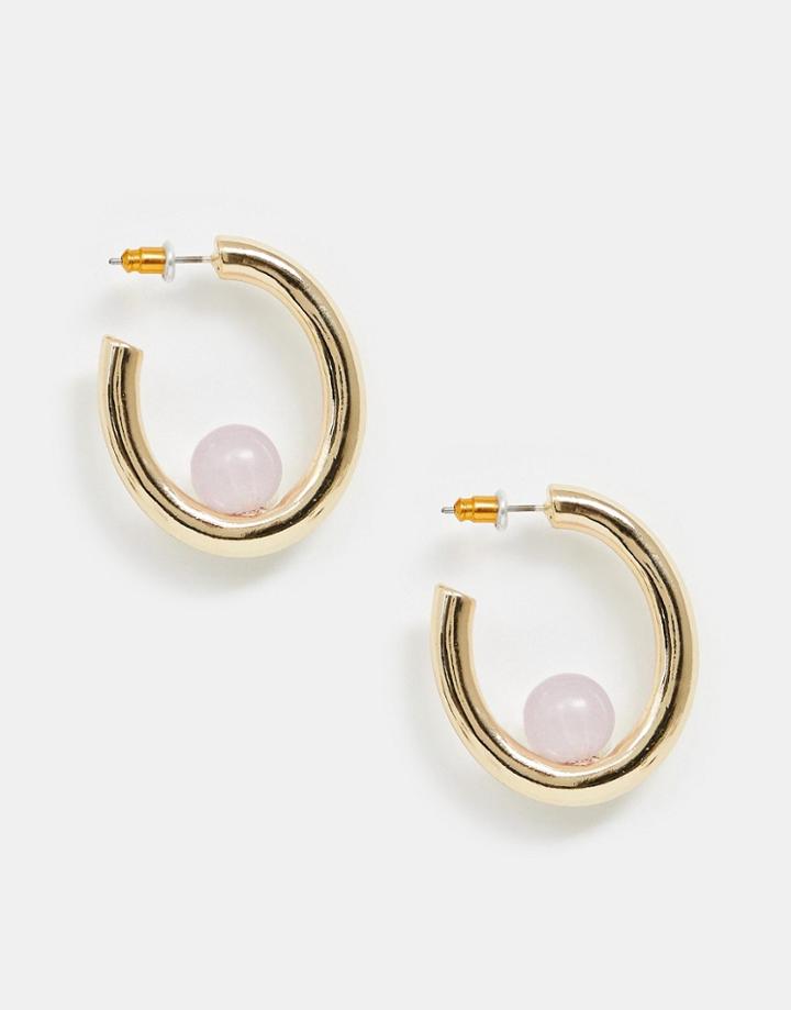 Asos Design Hoop Earrings With Pale Pink Resin Ball Detail In Gold Tone - Gold