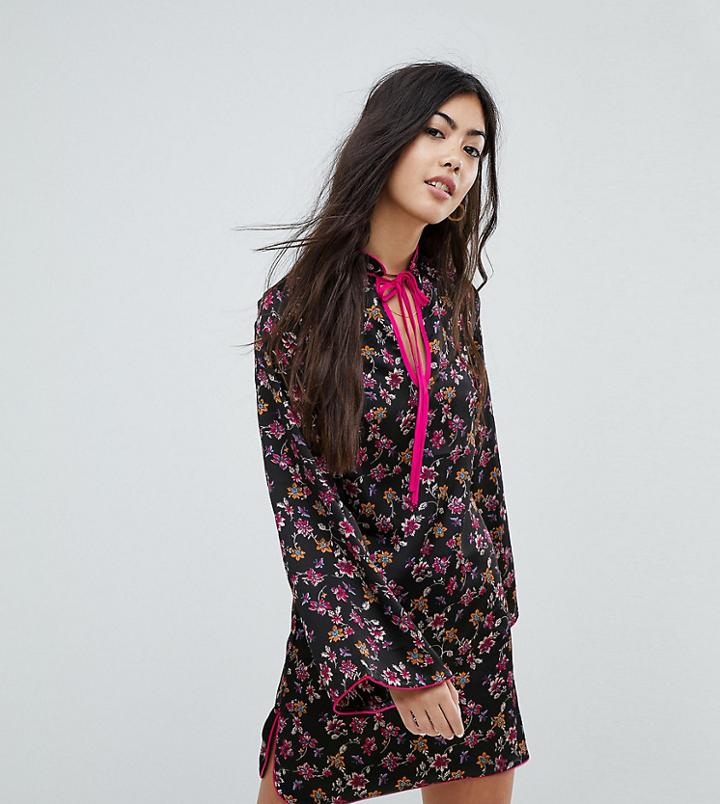Glamorous Petite Long Sleeve Shift Dress With High Collar In Grunge Floral