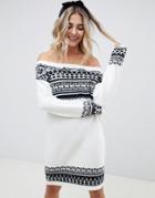 Asos Design Fairisle Sweater Dress In Off Shoulder Shape-multi