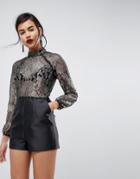 Asos Romper In Metallic Lace With Structured Short - Black