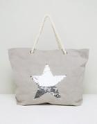 South Beach Washed Gray Beach Bag With Silver Star - Gray