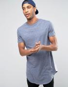 Asos Super Longline T-shirt With Contrast Insert Side Panel And Curved Hem In Blue - Blue