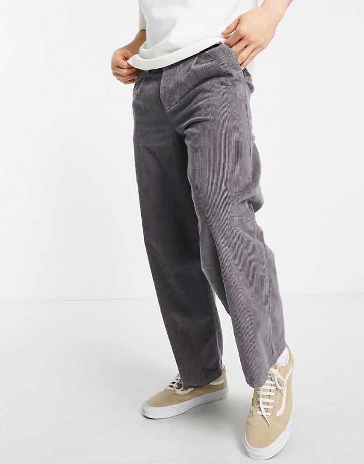 Asos Design Wide Leg Pants With Pleats In Cord In Charcoal-grey