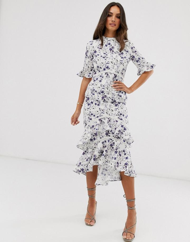 Hope And Ivy Midaxi Dress In Pretty Floral In Gray And Navy - Multi