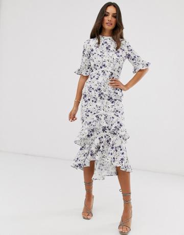 Hope And Ivy Midaxi Dress In Pretty Floral In Gray And Navy - Multi