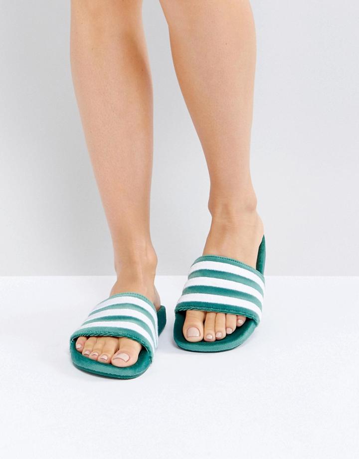 Adidas Adilette Velvet Slider Sandals In Dark Green - Green