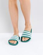 Adidas Adilette Velvet Slider Sandals In Dark Green - Green