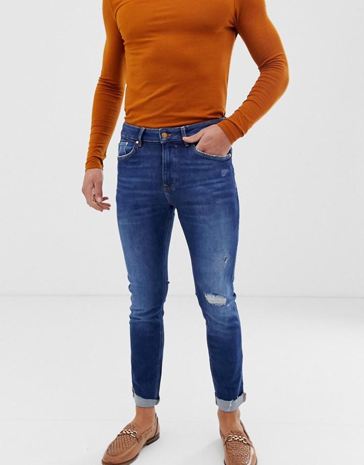 Bershka Join Life Skinny Jeans In Mid Blue With Knee Rip And Abrasions - Blue