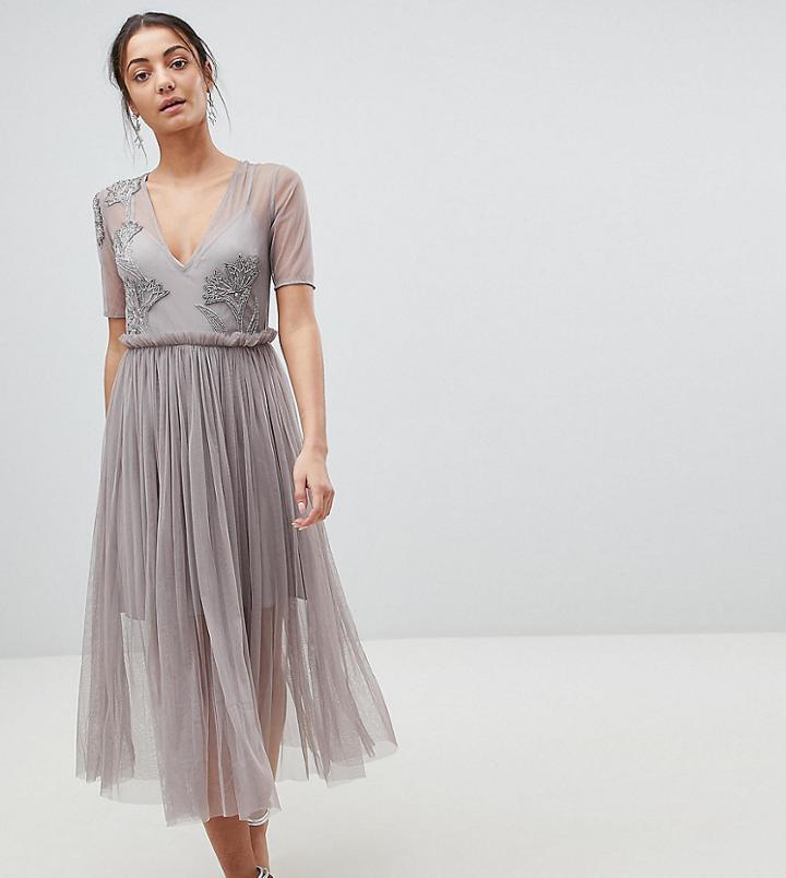 Asos Tall Embellished Deep Plunge Mesh Midi Dress With Delicate Beading-gray