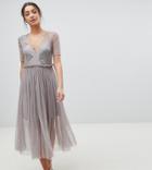 Asos Tall Embellished Deep Plunge Mesh Midi Dress With Delicate Beading-gray